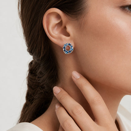 Side view of the Azure Halo blue stone stud earrings