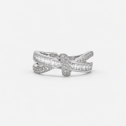 Silver Ribbon Knot Ring with baguette and pavé stone details