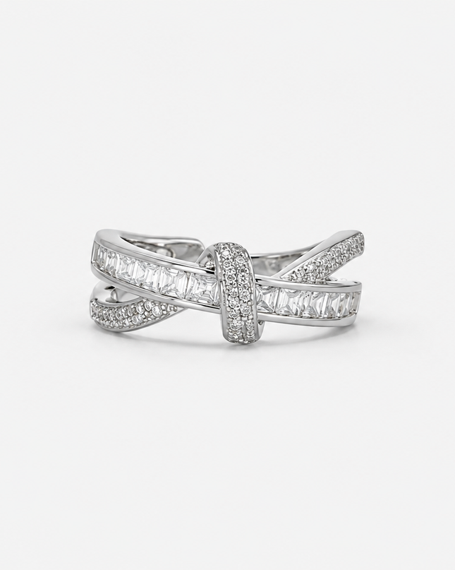 Silver Ribbon Knot Ring with baguette and pavé stone details