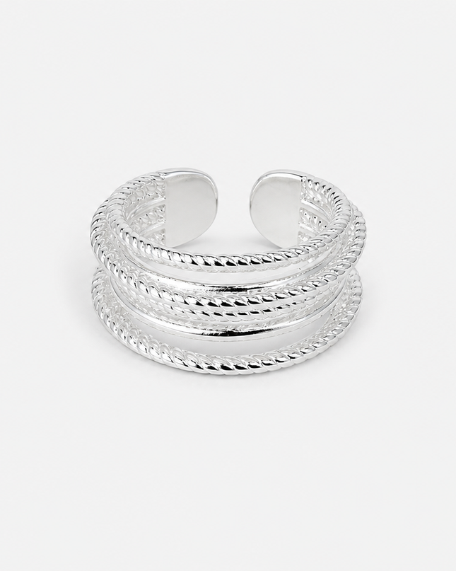 Silver layered cuff ring with textured multi-band design