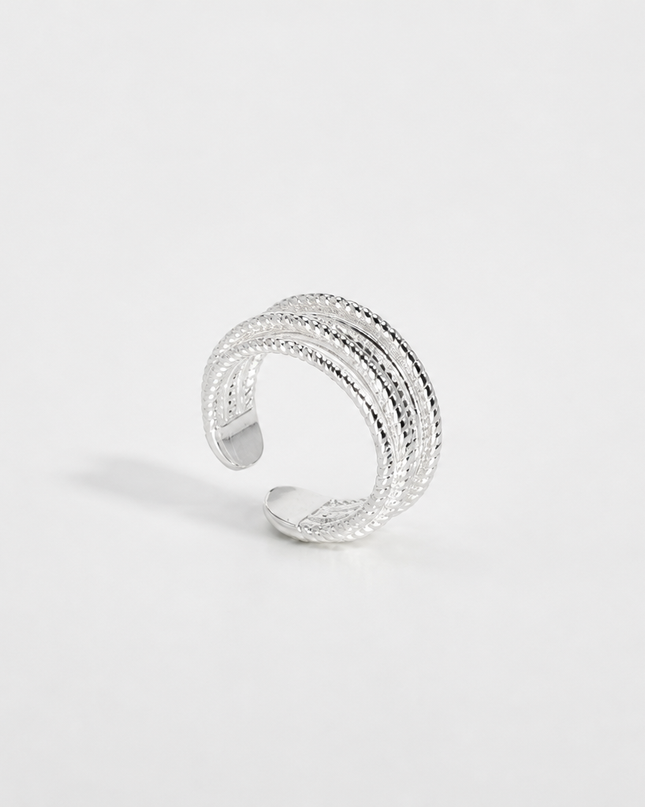 Side view of the silver multi-band open cuff ring